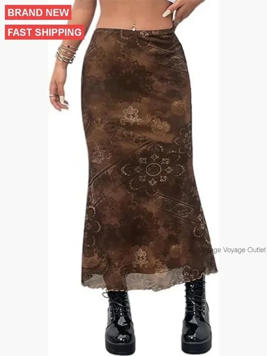 Midi Mesh Skirt with Floral Print, High Waisted Elastic, Lettuce Trim - Picture 2 of 7